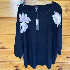 Aaeda V Neck Sweater Knit Compression Art Natural Stretch Felted Flowers Sz 3X
